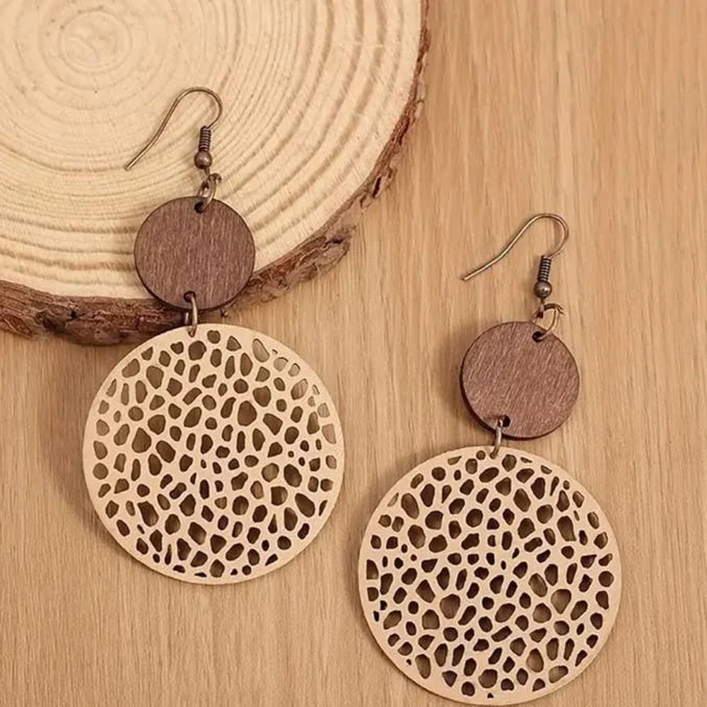Round Khaki Drop Earrings Bohemian Vintage Wooden Leather‎ Earrings
